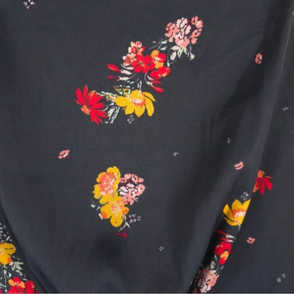 Free People Mini Dress Floral LS Slit Cuffs Tie Vneck Flare Silky Midnight LARGE